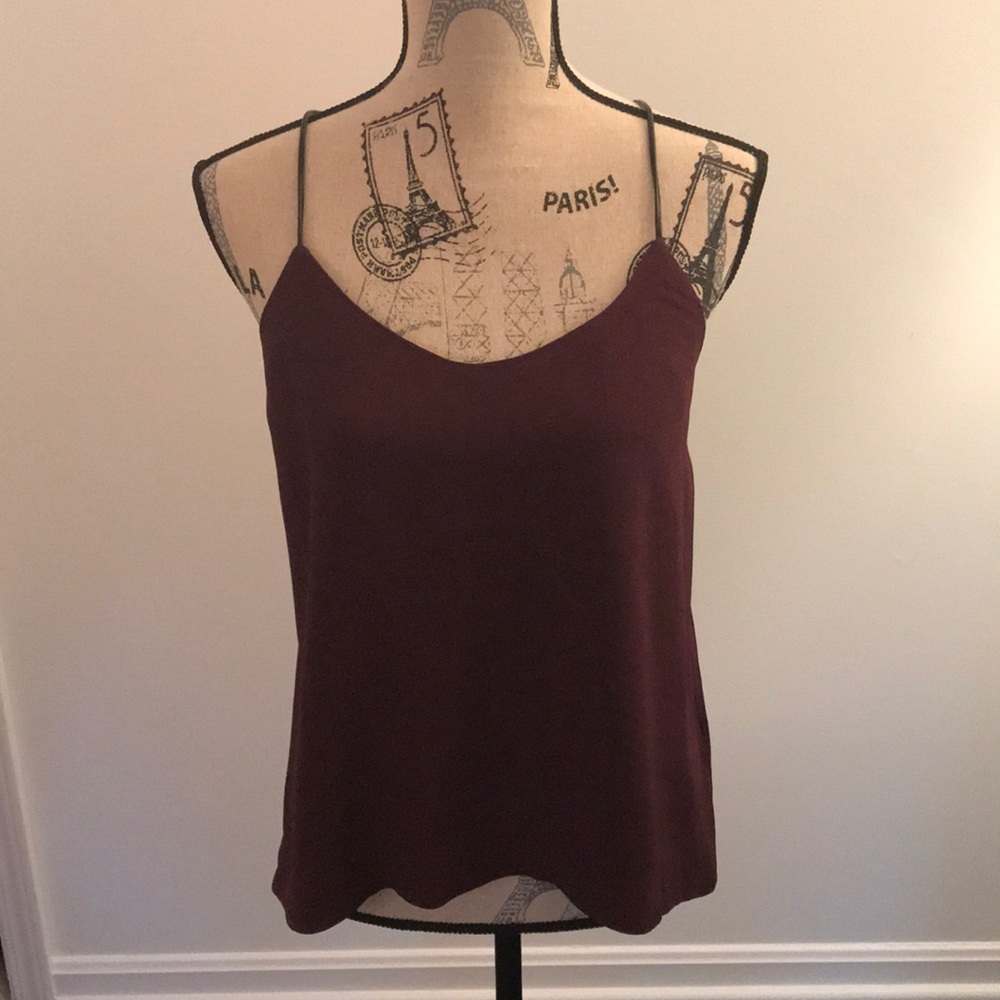 H&M maroon silky top+faux black leather strap sz12